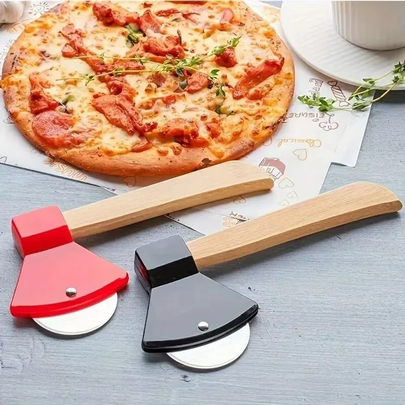 2pc Stainless Steel Roller Pizza Cutting Creative Wooden Handle Axe Pizza Knife Circular Middle Handle Pizza Cutting Knife