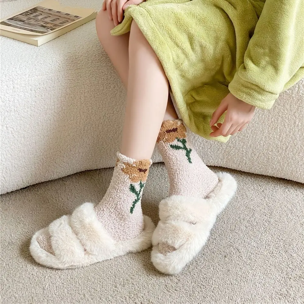 

6Pairs Sweet Thickened Coral Fleece Socks Flower Winter Floor Socks Hosiery Sleeping Warm Socks Women For Female Men
