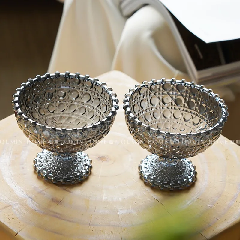Pearl Dot High Footed Glass Cup Creative Electroplated Gray Dessert Cup Home Yogurt Dessert Bowl Afternoon Tea Tableware