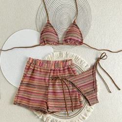 sexy knitted striped halter tie bikinis sets three pieces with shorts swimsuits beachwear bathing suit swimwear biquini tankini