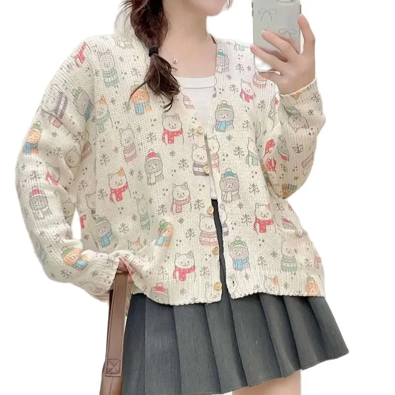 New Autumn Cotton Long Sleeve Sweater, Women V Neck Cartoon Tops, Mori Girl Loose Commute Warm Cardigan, 2024 Winter T48682QC