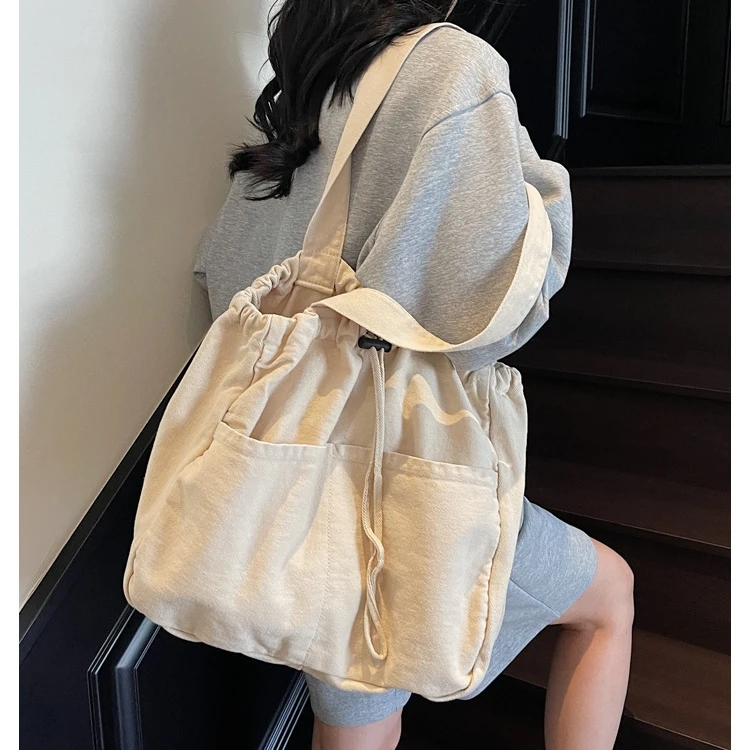 Female Fashion Canvas Big Size Drawstring Top-handle Bag Women Vintage Casual Korean Style Street Fabric Large Capacity Handbag