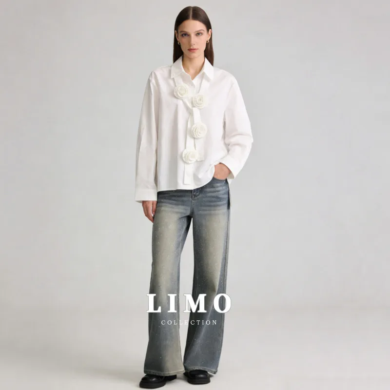

LIMO 2026 New Women White Shirt 3D Rose Decor Lapel Long Sleeve Loose Fit Elegant Casual Daily Fashion Blouse