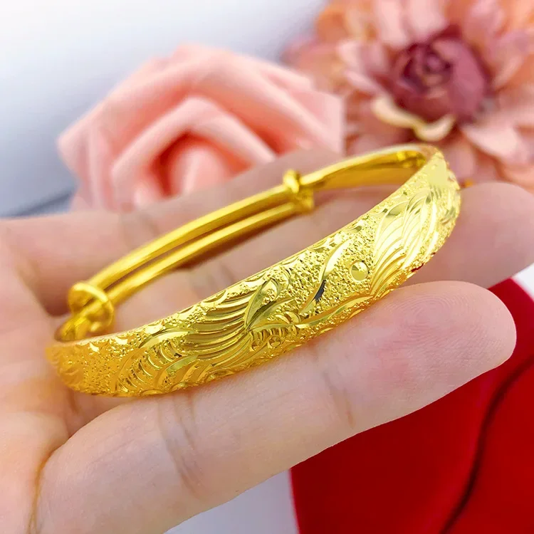 9999 Real Gold 24K Thickened Weighted Frosted 10n Wedding Dragon and Phoenix Printing Push-pull 999 Bracelet Women's