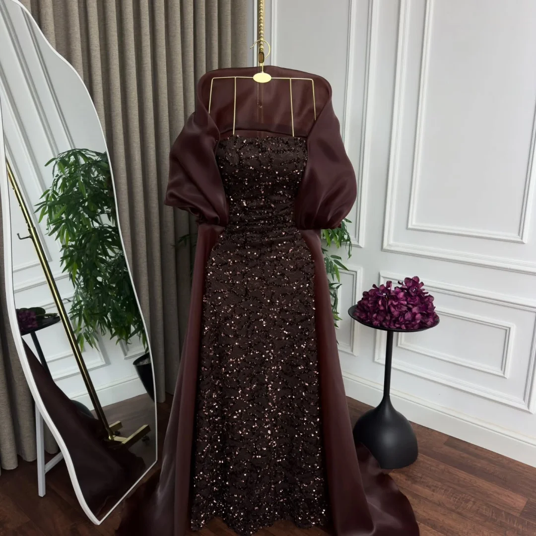 Amanda Customized Brown Strapless Sequin Mermaid Formal Evening Prom Dress vestidos de noche with Matching Cape 2026 New Arrival