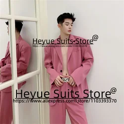 Korea Pink Loose Men Suits Slim Fit Notched Lapel Groom Formal Tuxedos 2Pieces Sets Foshion Male Blazer traje de hombre elegante