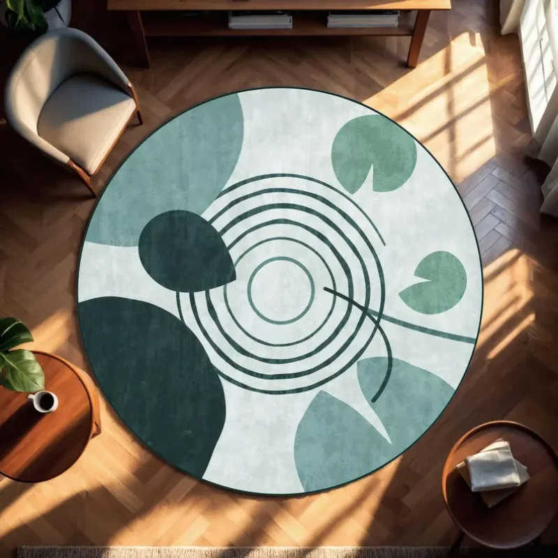Boho Abstract Lotus Leaf Round Rug Muted Sage Green Geometric Print Non Slip Soft Carpet Minimalist Bedroom Decor