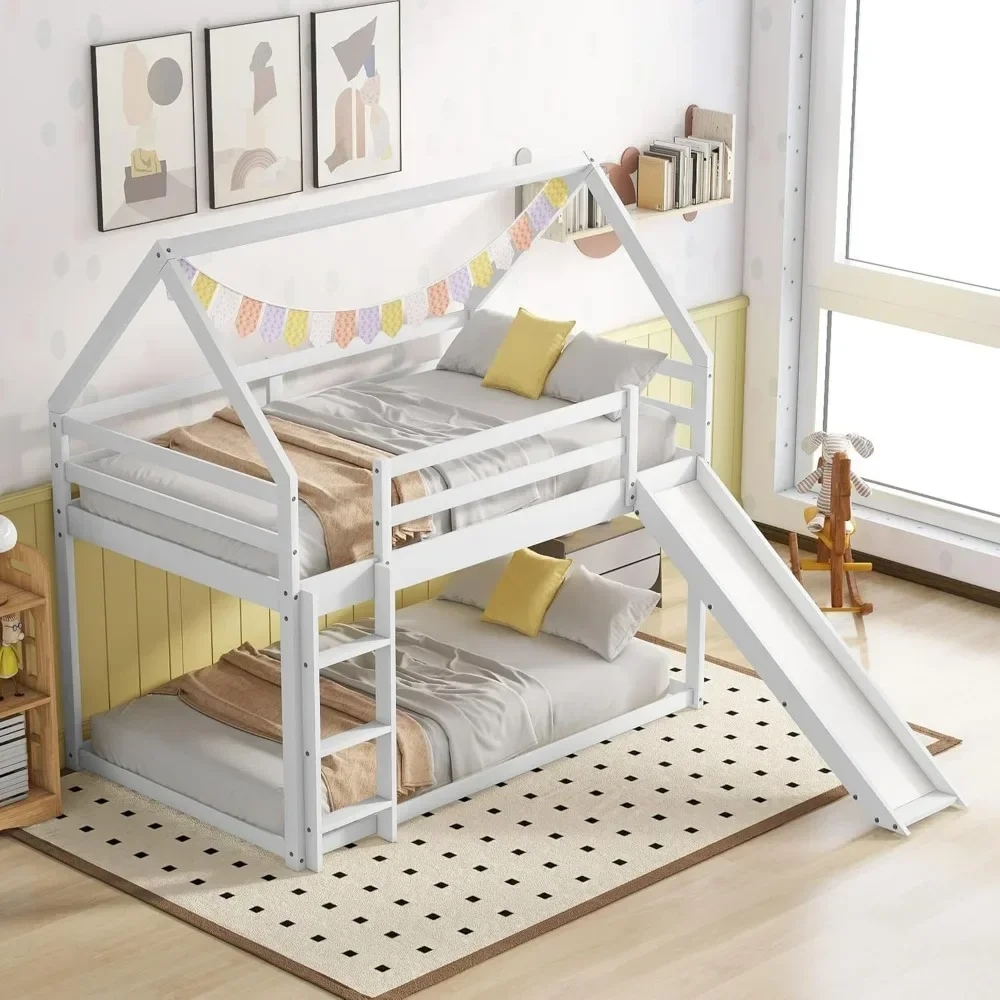 Twin Bunk Beds for Kids,Wood House Bunk Bed Twin Over Twin,Kids Bunk Bed with Slide and Roof for Girls Boys,White