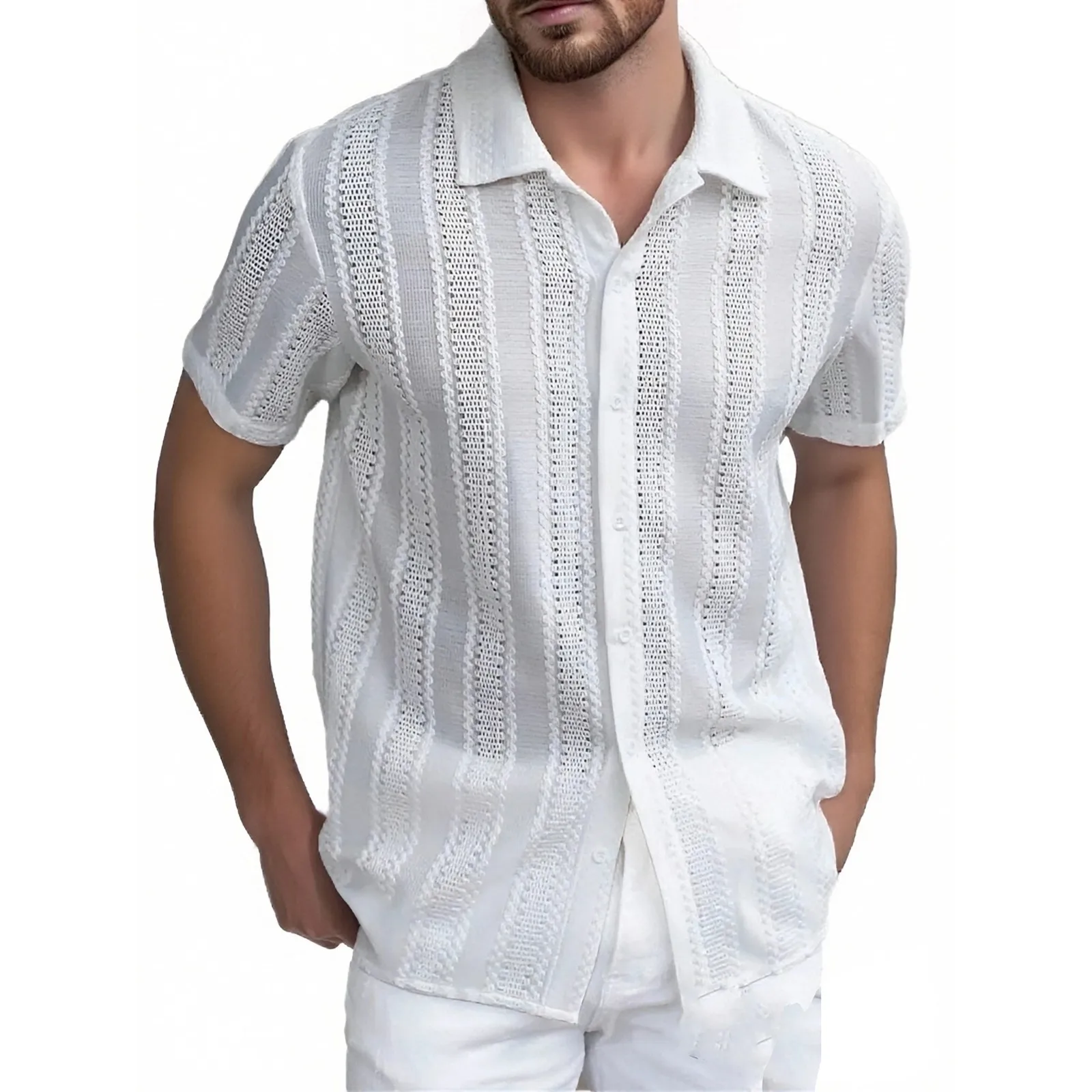 

T Shirt For Man Casual New Men'S Lace Short-Sleeved Shirt With See-Through Buttons Holiday Hollowed-Out Top Men'S Clothing