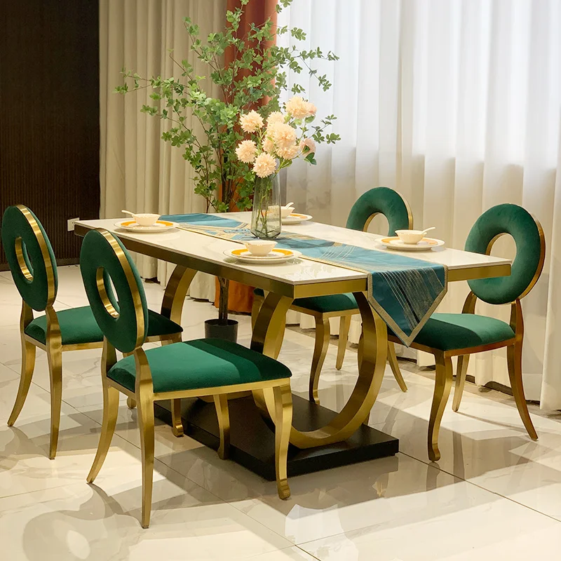 Modern Light French Stainless Steel Bright Rock Version Simple Home Marble Luxury Dining Table and Chair High-End Metal