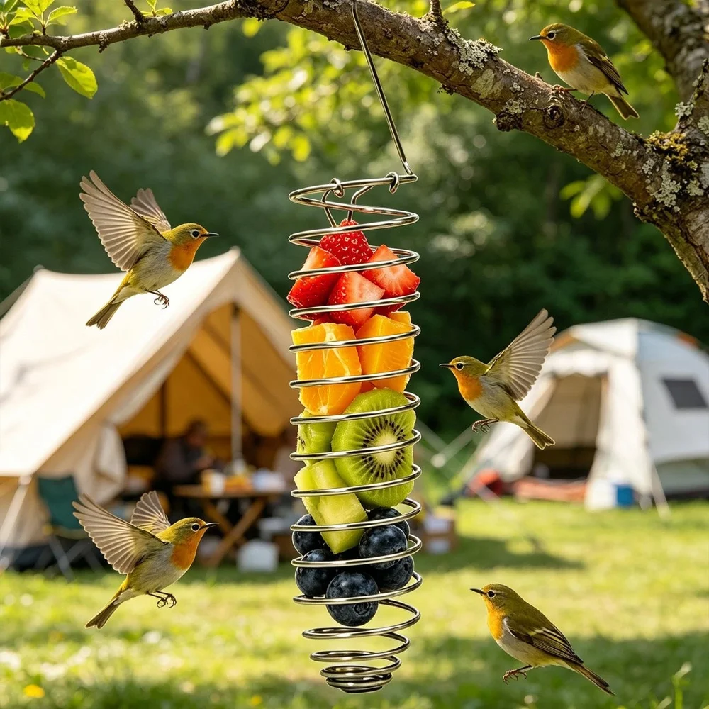 Stainless Steel Bird Treat Holders Multi-Purpose Spiral Bird Food Feeders with Tray Parrots Feeder Basket Birds Foraging Toy