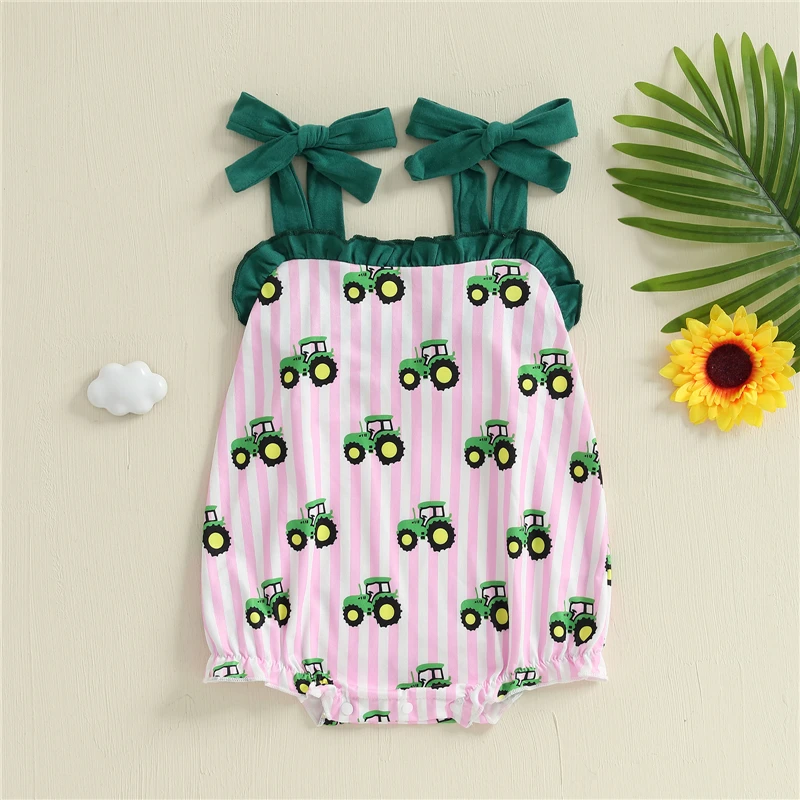

Summer Toddler Baby Girls Overalls Romper Casual Sleeveless Striped Tractor Print Jumpsuit Fashion Infant Newborn Clothes