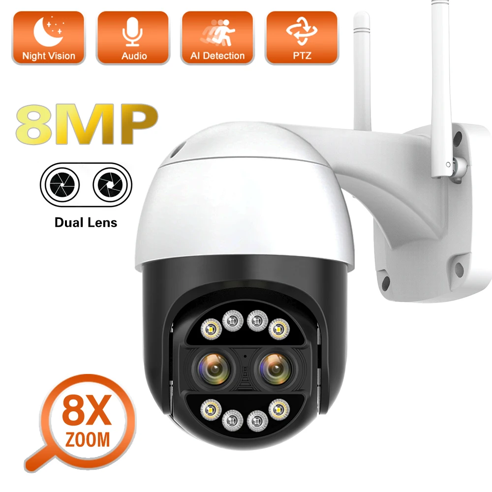 

PEGATAH 8MP 4K PTZ IP Camera 8x Zoom 2.8+12mm Dual Lens Outdoor Night Vision Auto Tracking P2P Security Surveillance Wifi Camera