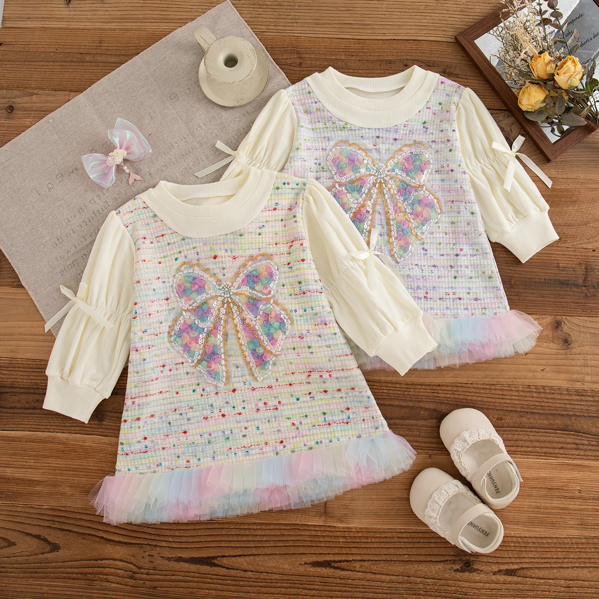 

Spring Autumn New Baby Girl Princess Dress Colorful Sequin Bow Knit Puff Sleeves Gown Elegant Girl Party Dress