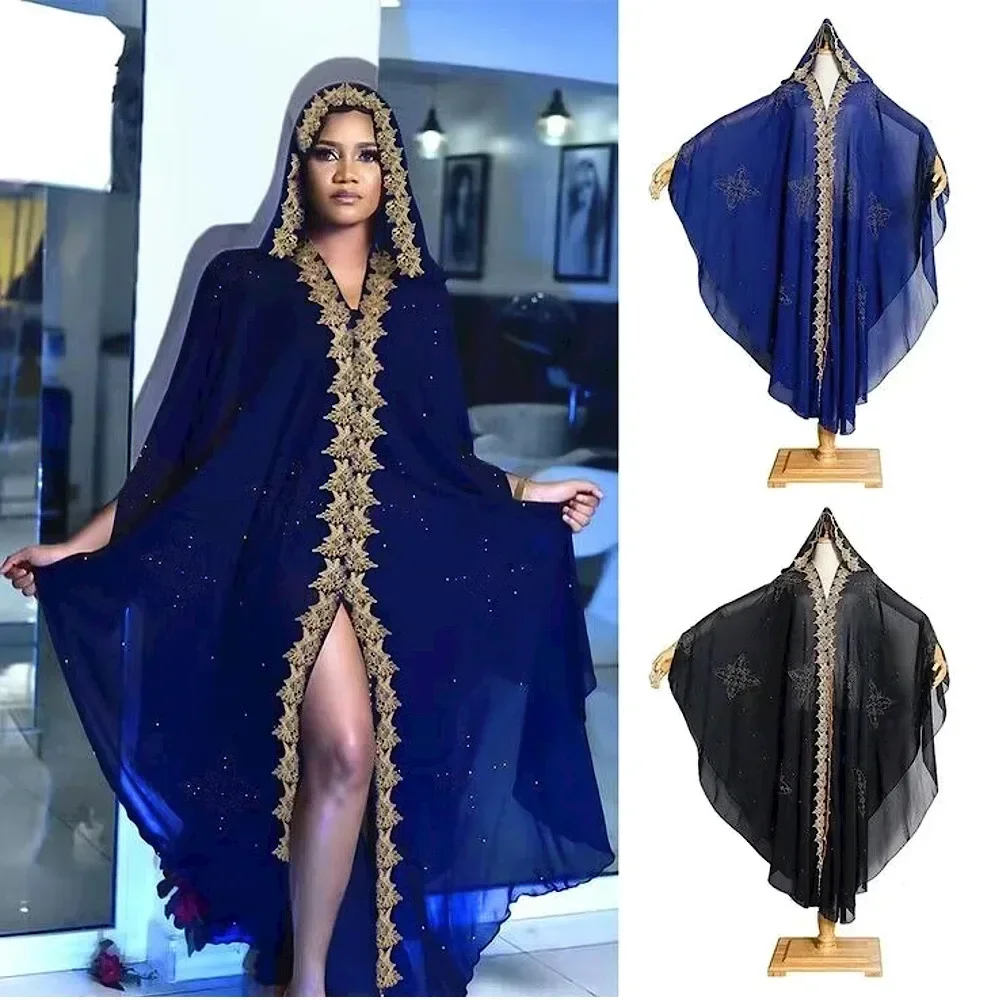 

New Style Embroidered Beaded Diamond Stitching Muslim Dress African Large Size Women's Clothing Hooded Long Gown