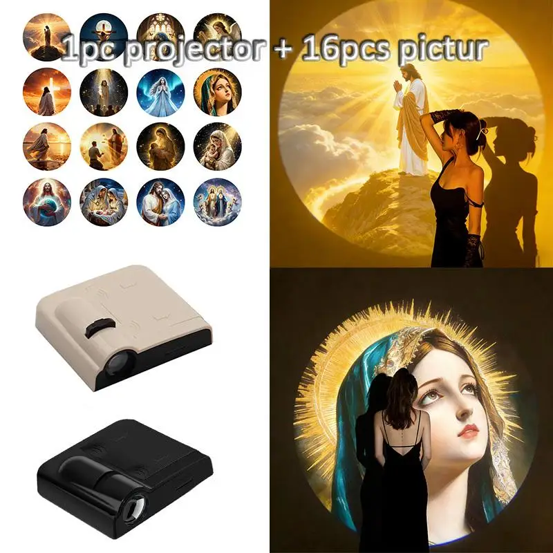 1 Lamp + 16 Pictures Christ Church Mary Projection Lamp LED Projector Religious Atmosphere Light Gift For Home Decoration