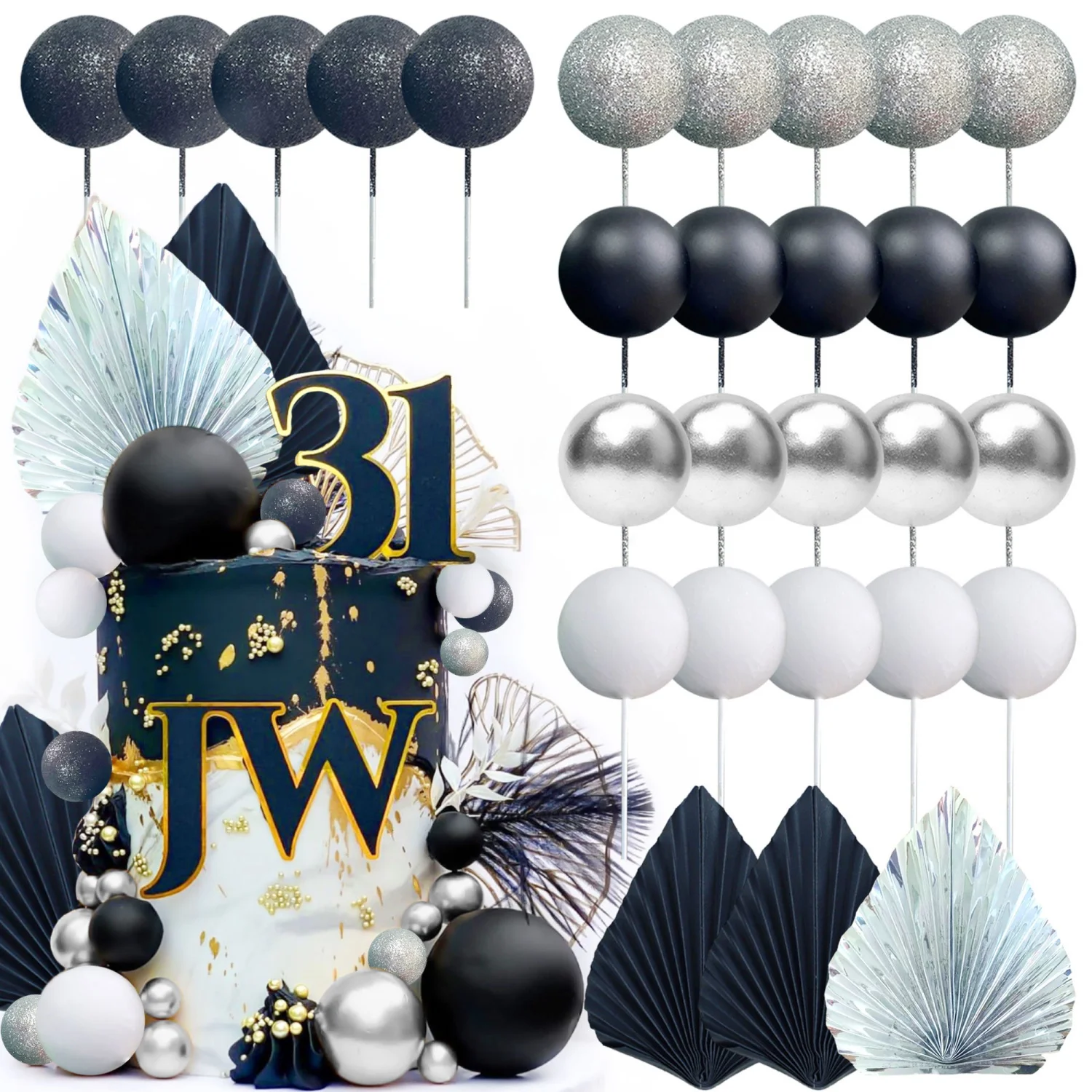 LaVenty Schwarz Silber Kugeln Kuchen Dekoration Silber Palmblätter Kuchen Dekoration Goth Schwarz Kuchen Topper für Geburtstag Hochzeit