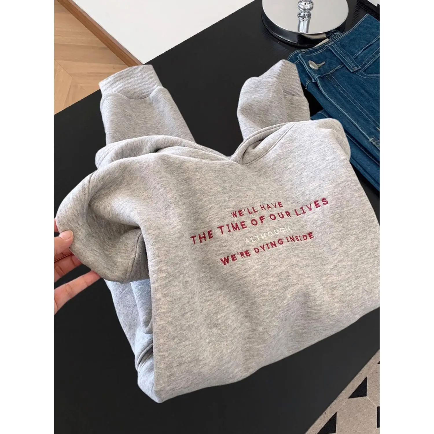Clean Minimalist Grey Hoodie Women's Fashion Layering Warmth Letter Design Long Sleeve Polyester Spandex Commute Style Hooded