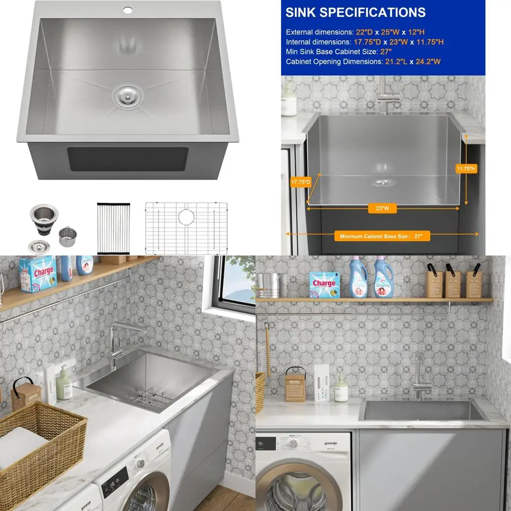 

Stainless Steel 25x22 Inch Laundry Room Sink 12 Inch Deep Single Bowl Utility Kitchen Sink 304 Grade 16 Gauge Deep Basin