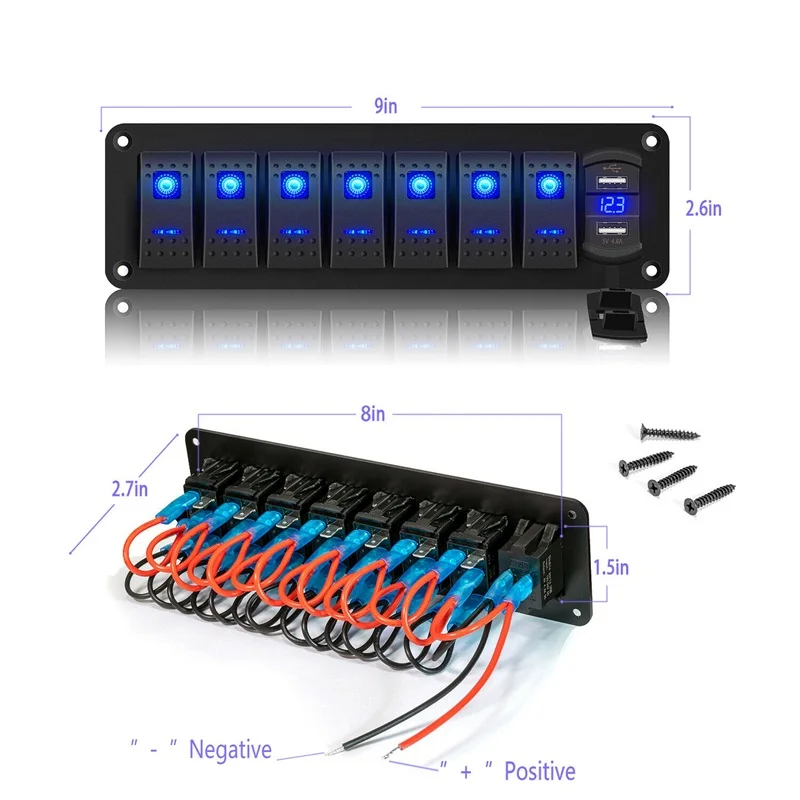 8 Gang LED Toggle Rocker Switch Panel with USB Slot Socket Digital Voltage Display Waterproof for Car Boat Marine RV Truck