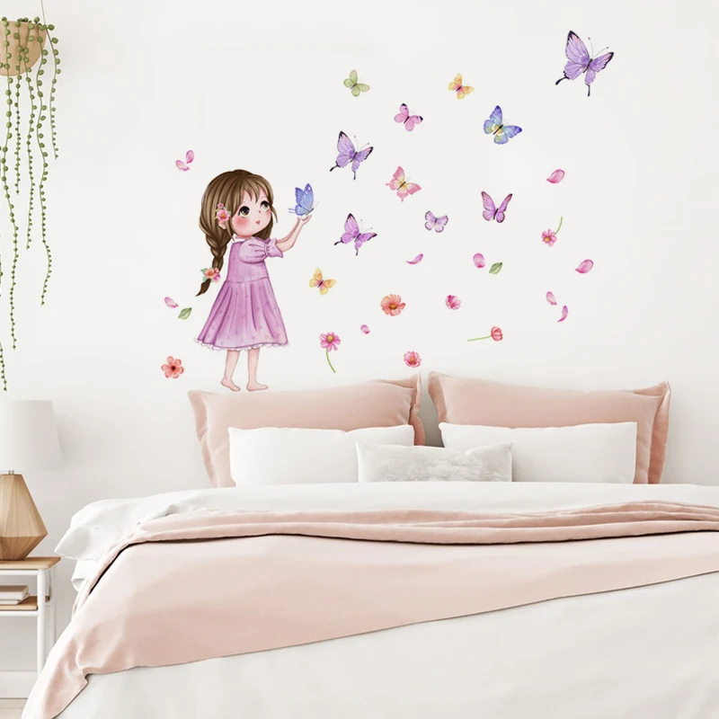 Flower little girl color butterfly wall sticker background wall room decoration wall sticker self-adhesive wall sticker