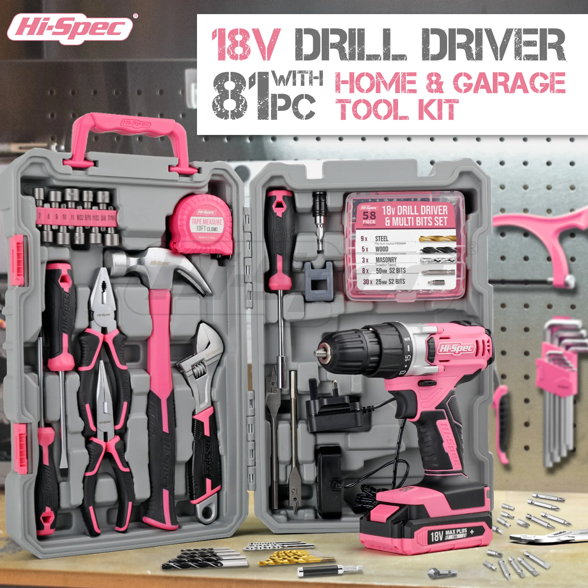 Imagem -03 - Hi-spec-professional Maintenance Tools Grupo Chave de Fenda Rosa Furadeira sem Fio Armazenamento Plástico Misto Combinação