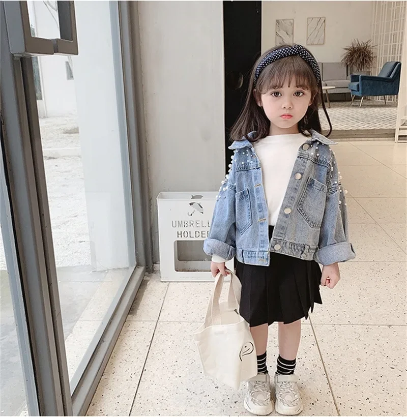 2023 Pearls Beading Denim Jacket for Girls Fashion Coats Children Clothing Autumn Baby Girls Clothes Outerwear Jean Jackets Coat