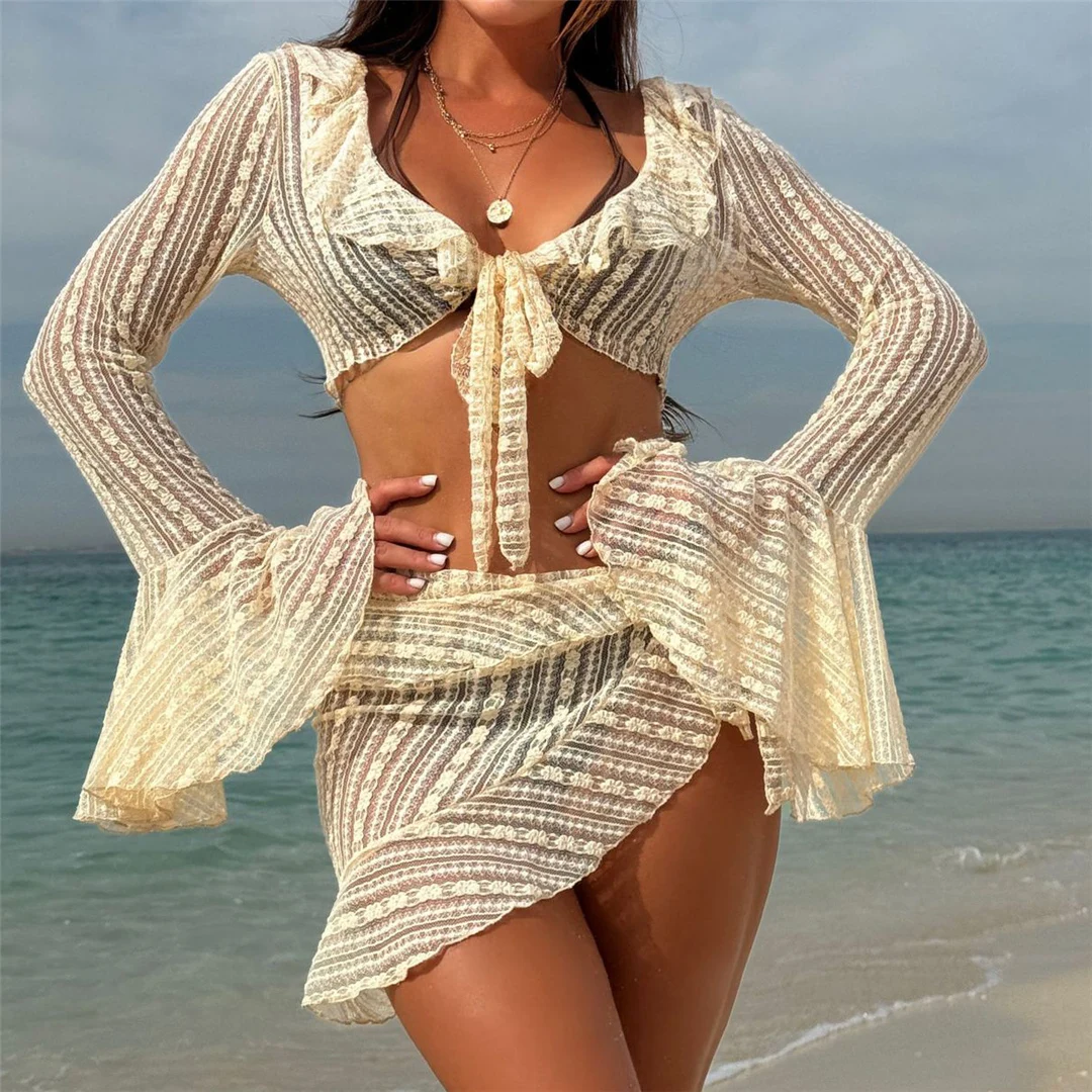 10 Farben, mit Sarong, langärmeliges Bikini-Oberteil, Damen-Badebekleidung, Damen-Badeanzug, vierteiliges Bikini-Set, Badeanzug, Badebekleidung, Modell V6338E. – Detail 26