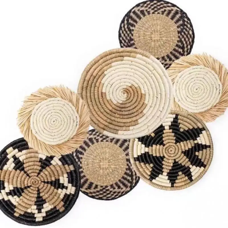 

7Pcs/set Bohemia Straw Woven Plates Handmade Straw Tary Living Room Wall Hanging Creative Decoration