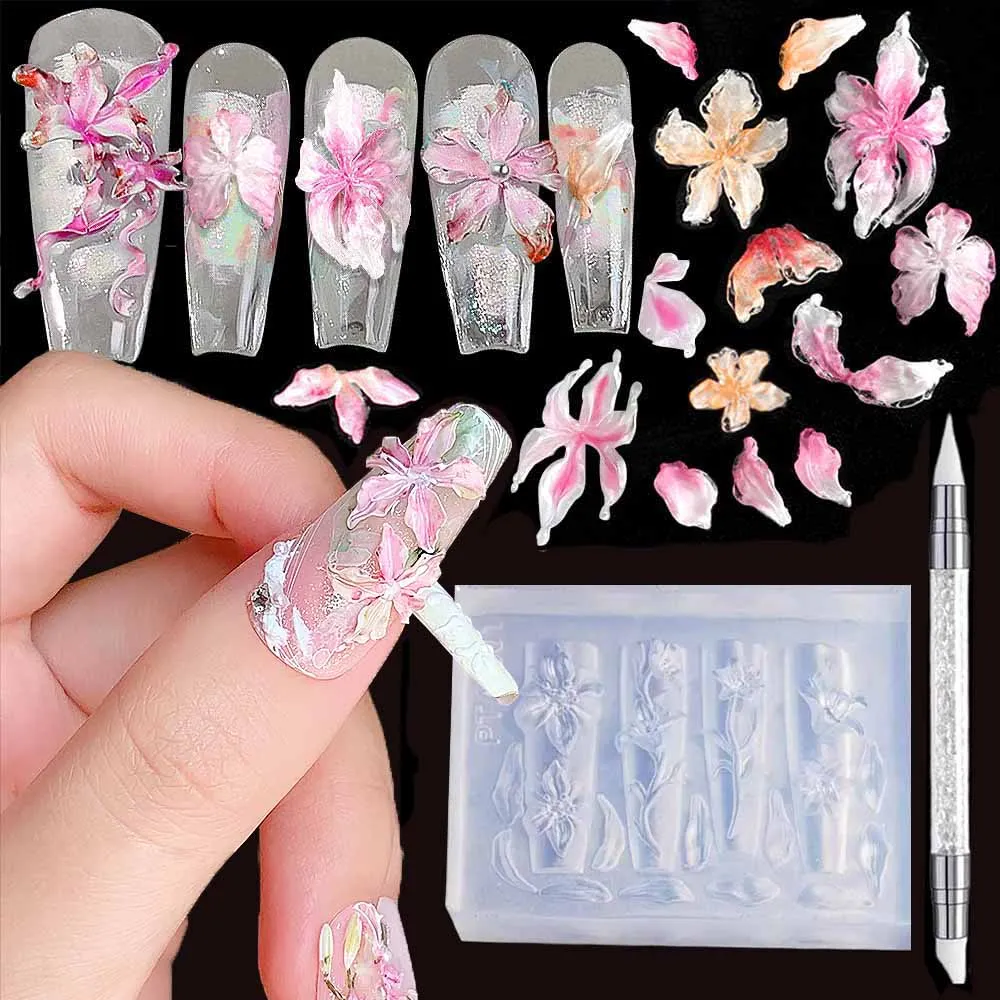 

3D цветы лилии, силиконовая форма для дизайна ногтей + набор ручек для резьбы, Гавайский гибискус, цветочный лепесток, дизайн ногтей, силиконовый шаблон, инструменты для ногтей «сделай сам»