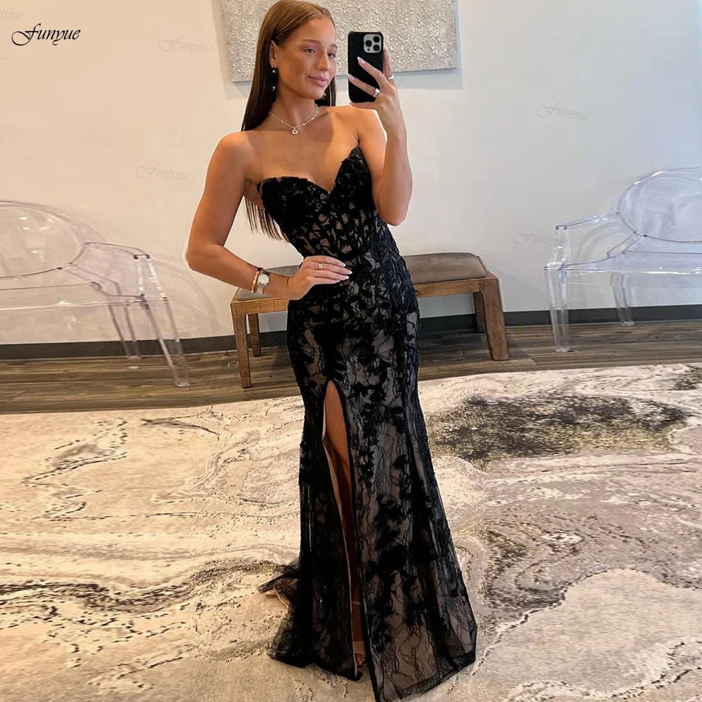 

Charming Mermaid Sweetheart Black Lace Evening Gowns Long Prom Dresses with Slit Appliques Formal Party Dress Vestidos De Noche