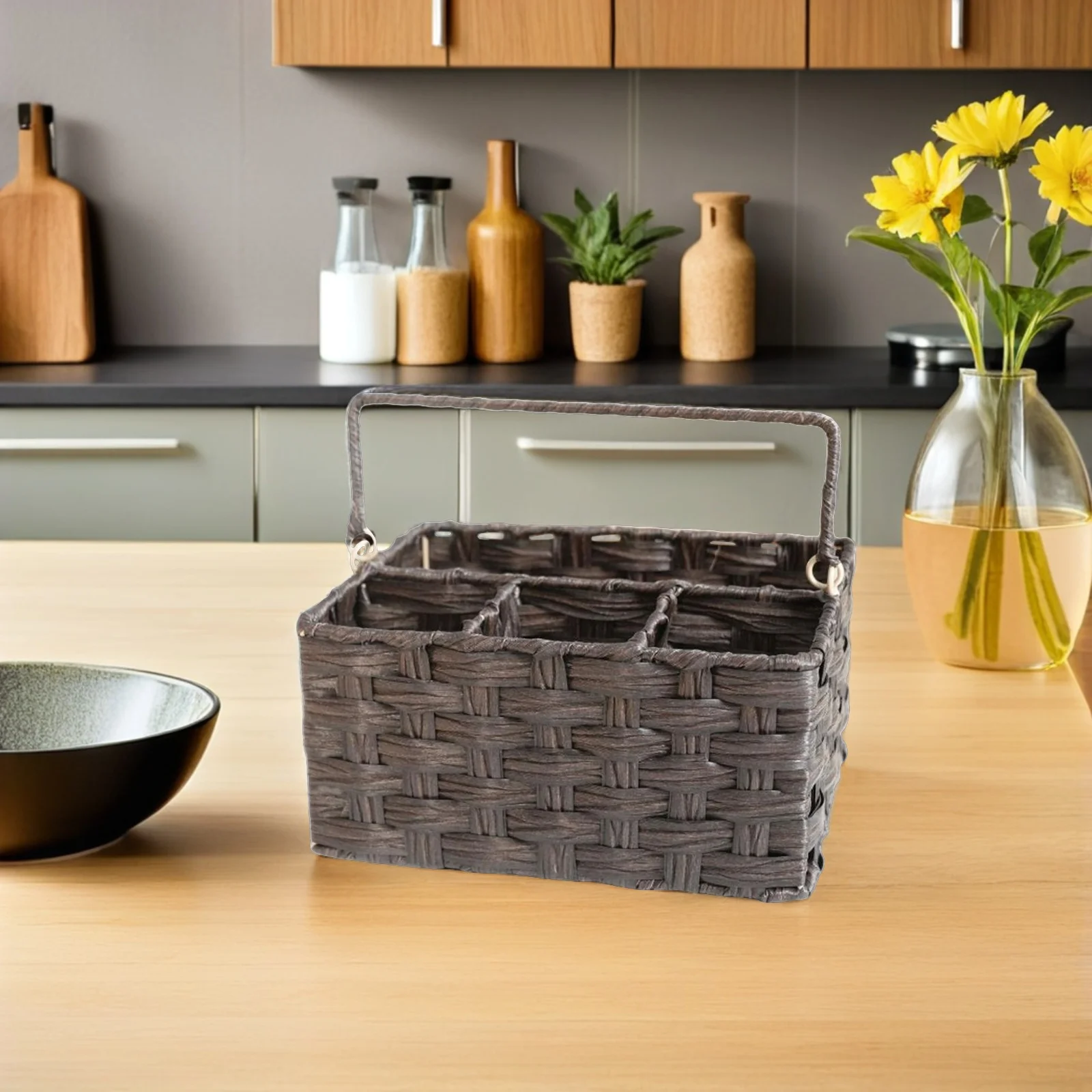 

Kitchen Utensil Organizer Basket Imitation Rattan Cutlery Holder With Handle For Countertop Picnic Camping Flatware Storage Box