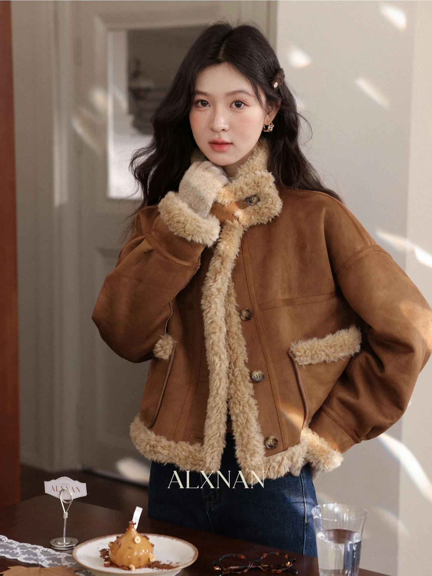 

Warm ort Coat Women's Loose Fur Leather Inteated Caramel Kremas ort Jaet Winter Outerwear Ladies Faion Daily