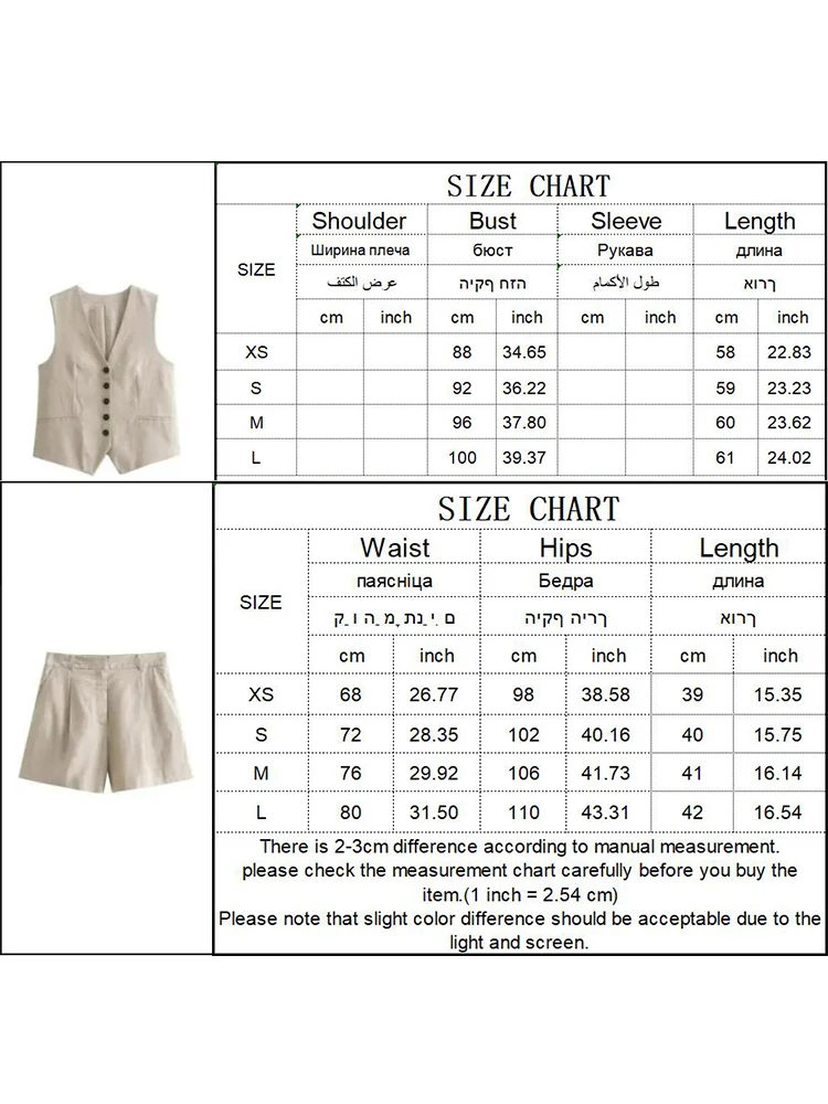 TFMLN Fashion Women Linen Shorts Sets 2024 Vintage Solid Single Breasted V Neck Waistcoat Tops Summer Office Lady Suits