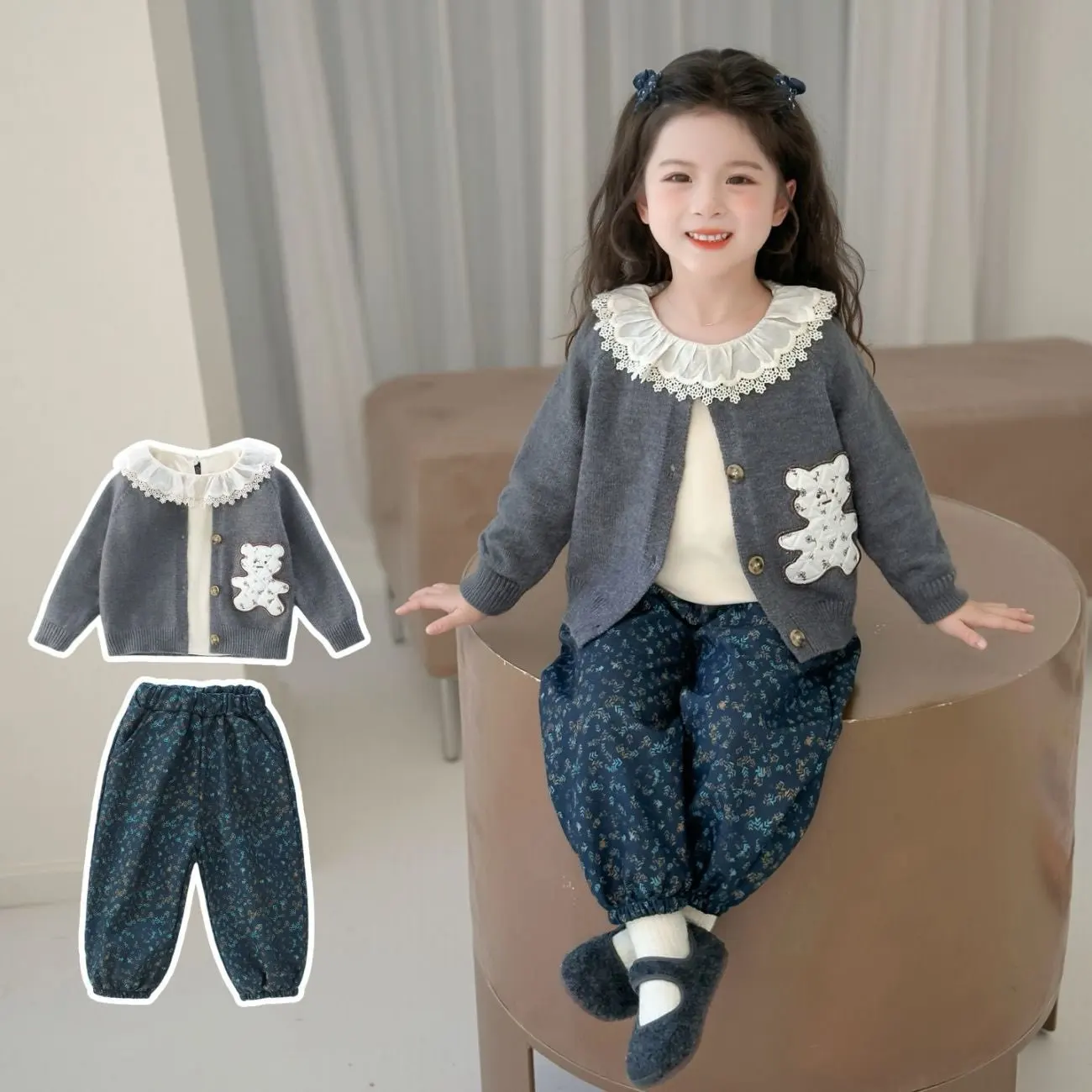 

80-140cm Baby Girls Clothes Set Spring and Autumn Fashion New Children's Knitted Coat+Shirt+Pants 3-Piece Set