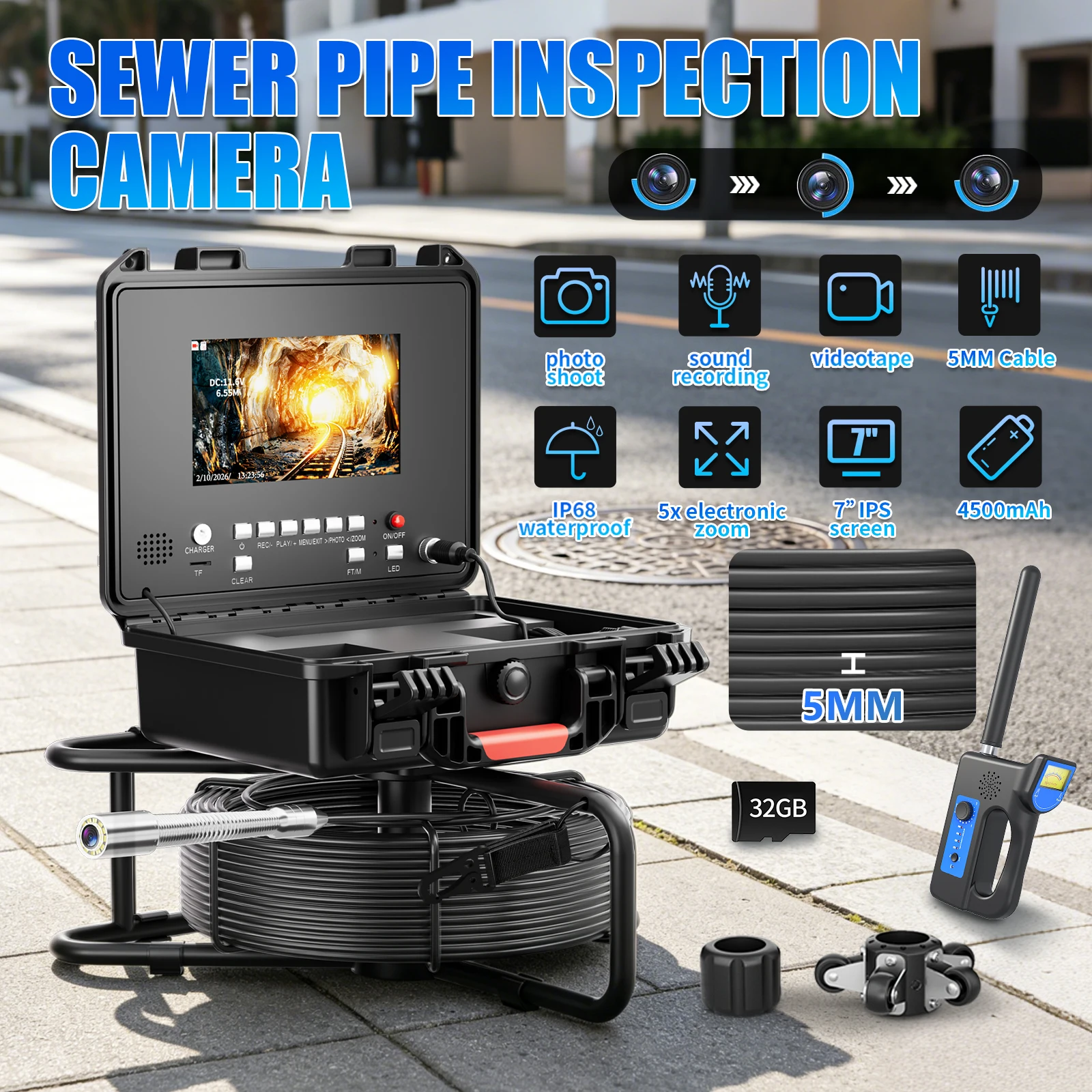 

Sewer Pipe Inspection Camera 512Hz Self-Leveling With Locator Meter Counter 7" Sewer Pipeline Industrial Endoscope 5MM Cable