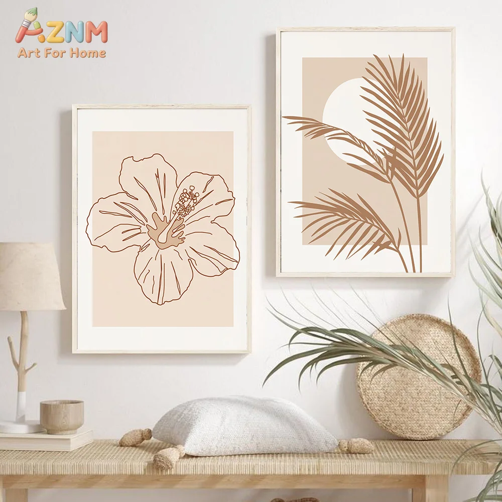 AZNM Tableau mural sur toile Boho Hibiscus Feuille de palmier, Impression d'art linéaire beige neutre pour décoration de chambre tropicale