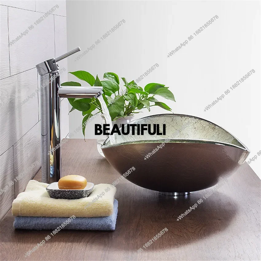 RR New Oval Washbasin Unique Tempered Glass Basin Sink Faucet Set Ingot Shape Bright Bend Clear Modern Design W/ Chrome Tap Drai