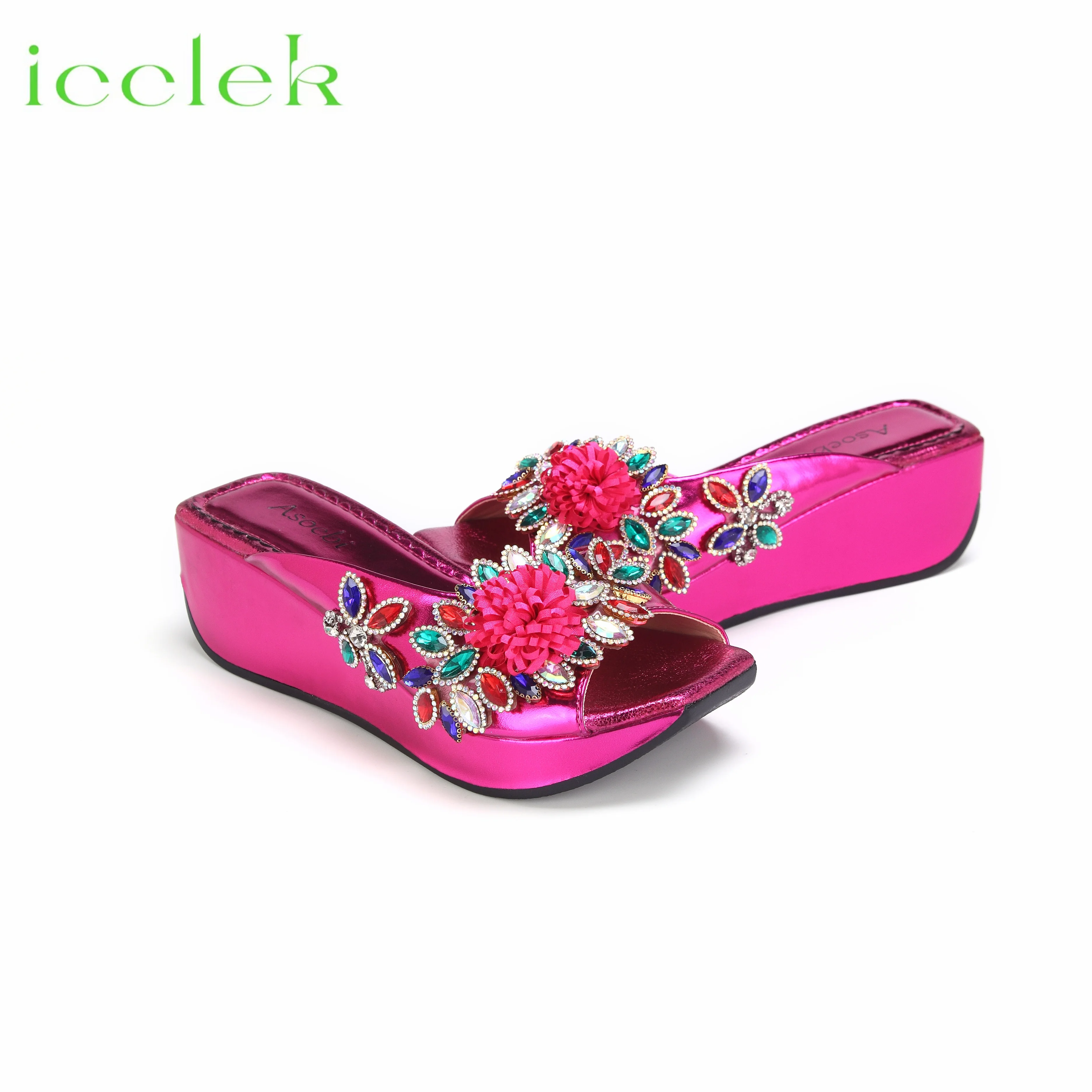 2024 High Qiality Peep Toe Flower Design Slipper with Bag Set For Women Wedding Party Pump in Fuchsia Color