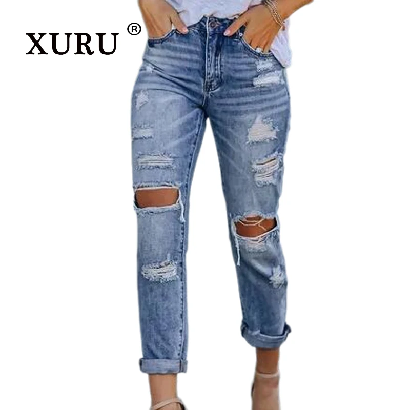 

XURU - New Women's Perforated Slim Fit Jeans, Y2k Clothing Blue Long Jeans, Men's Pants