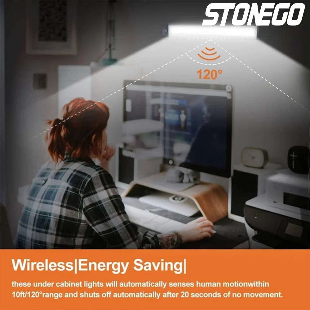 Rechargeable Motion Sensor Cabinet Light, 5V USB Charging, Motion and Always-On Modes, 5-100% Dimming in Always-On Mode, PC Housing, for Cabinets, Wardrobes, Kitchens and Night Lighting, White body, warm 3000K or white 6000K