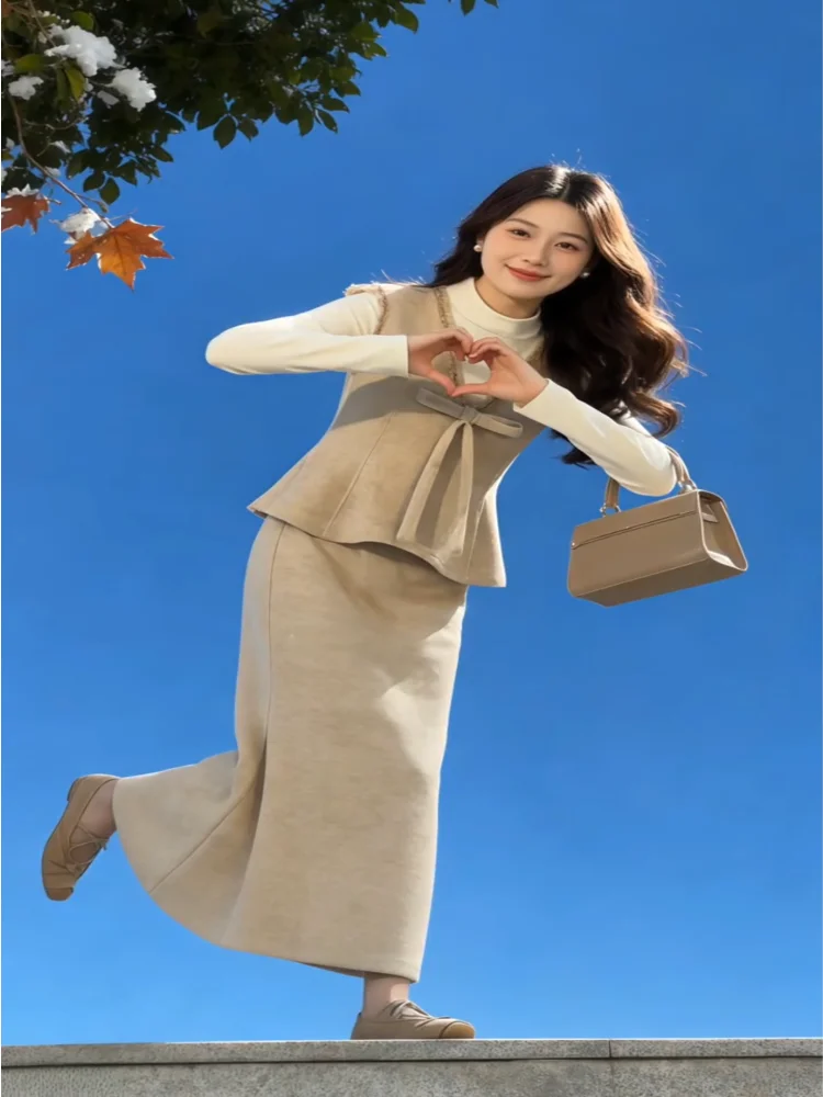 

e Set Slimming Vest plus Size Women's Spring New Beautiful Skirt Faionable Korean Sle Long Sve round Ne