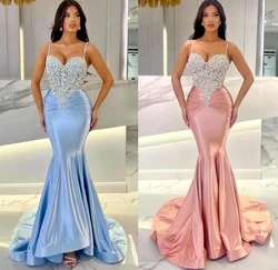 Sexy Arabic Blue Pink Spaghetti Straps Mermaid Evening Dresses Beadings Crystals Top Ruffles Satin Long Party Occasion Gowns