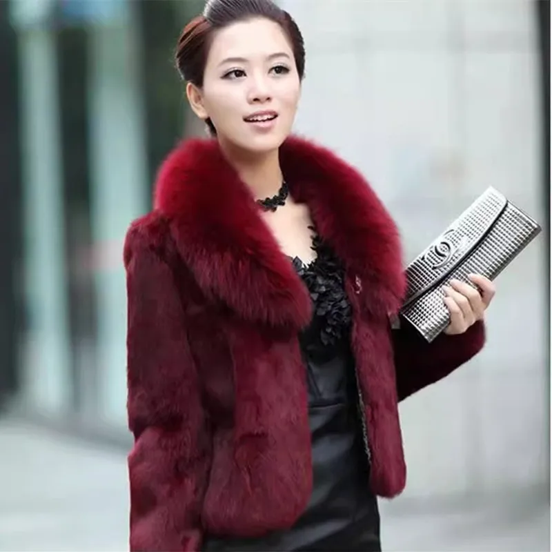 Hot sale women winter long style 100% real rabbit fur coat with fox fur collar Warm thick rabbit fur jacket Female real fur coat