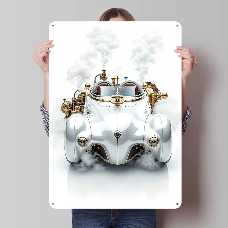 Steampunk With Steam Car Metal Poster Custom Wall Art Retro Vintage Tinplate Signs for Man Cave Office Decor Bedroom Decoration