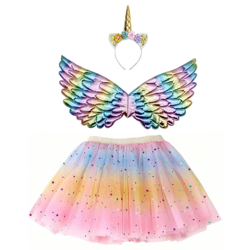 Fashion Girls Rainbow Mini Skirts Fairy Wings Unicorn Headband Glitter Dance Ballet Tutu Dress Up Set for Princess Party Costume