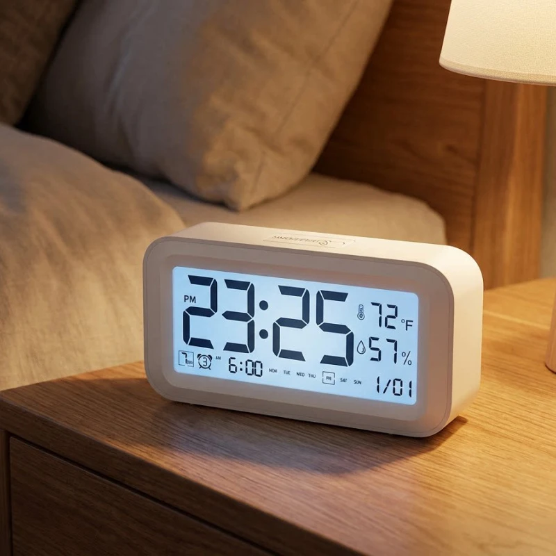 Relógio Despertador Digital LCD para Estudantes: Silencioso, Exibição de Temperatura e Umidade, Calendário, Função Soneca, Decoração para Casa