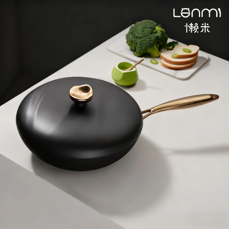 

LANMI Fine iron wok with titanium uncoated frying pan for household use, non-stick, suitable for induction cooker and gas stove