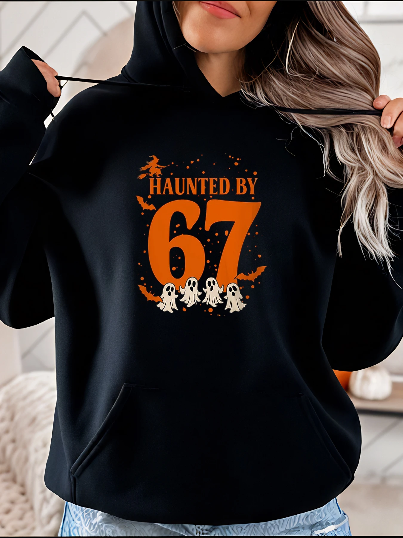 Sudadera con capucha de Halloween Encantada por 67 fantasmas Estampado Jersey informal para mujer Sudadera Otoño Invierno Ropa de moda