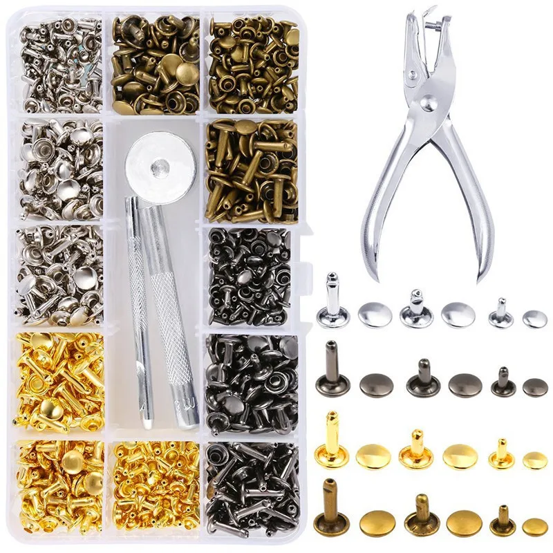 480/360/180pcs Leather Rivets Double Cap Rivet Round Metal Studs with Punch Pliers Fixing Set for DIY Leather Craft Rivets